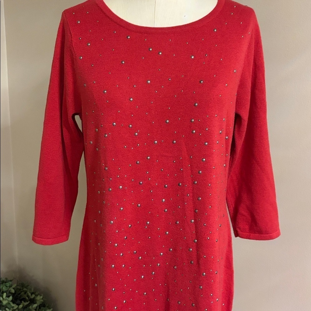 Red studded embellished Knit midi sweater shift dress 3/4 sleeve wool cotton Lrg